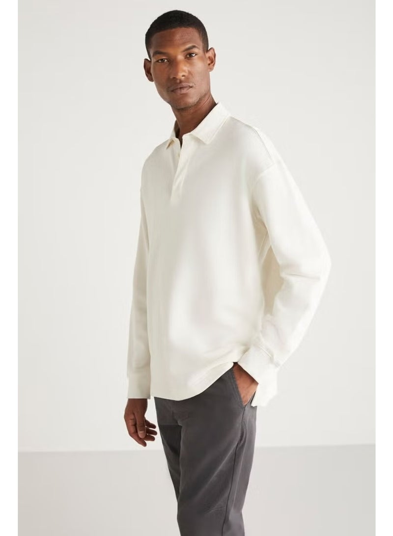 GRIMELANGE JOHN Men's Polo Sweat Shirt Collar Long Back Slit Diagonal Fabric Vanilla Sweatshirt - Image 4